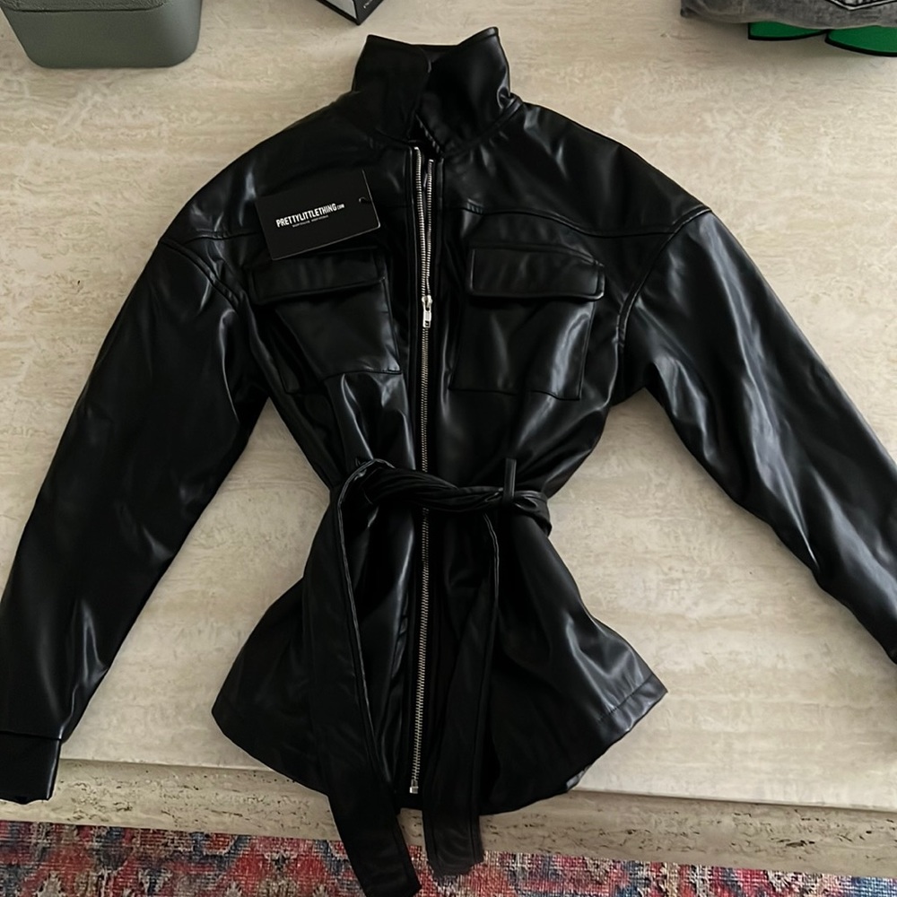 PRETTYLITTLETHING Petite Waist Tie Faux Leather Jacket, NWT